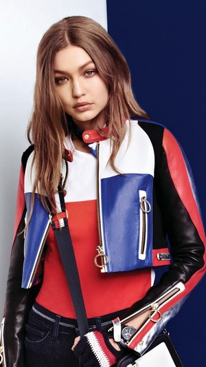Gigi Hadid in a color-blocked jacket