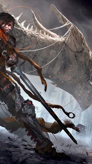 Warrior with sword facing a dragon