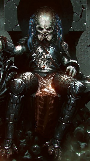 Predator sitting on a throne made of skulls
