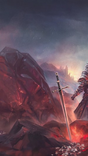 Knight from Dark Souls with sword in rocky landscape
