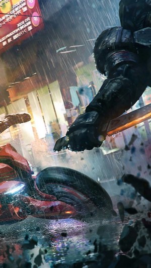 Cyberpunk battle in the rain