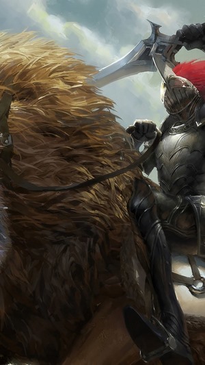 Knight riding a lion with a sword