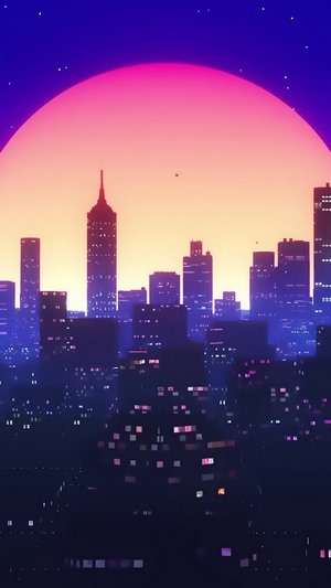 Minimalist Cityscape at Sunset with Large Sun