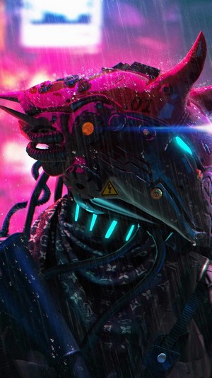 Cyberpunk character with pink and blue neon lights