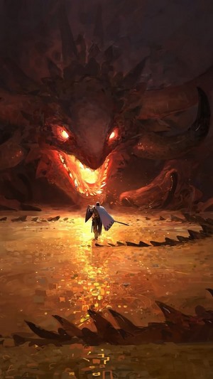 Knight facing a giant dragon