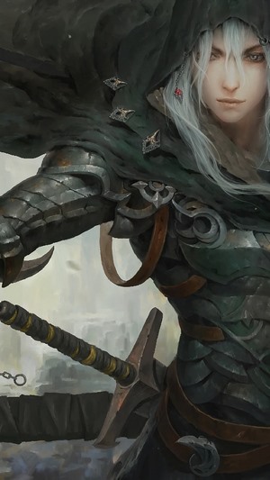 Fantasy warrior with white hair and sword
