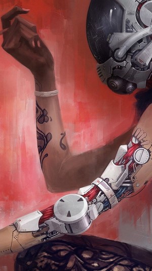 Cyberpunk character with tattoos and robotic arm