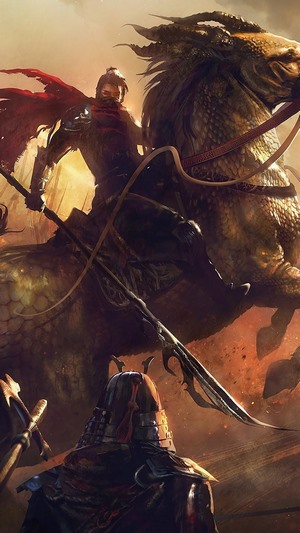 Warrior riding a dragon into battle
