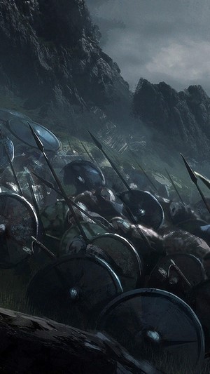 Viking army with shields and spears on a battlefield