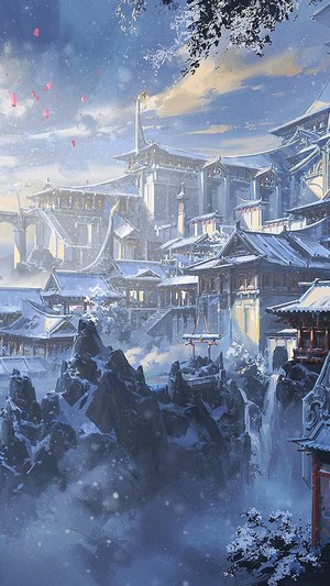 Fantasy Japanese castle in a snowy landscape