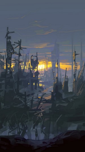 Ruined city at sunset with debris
