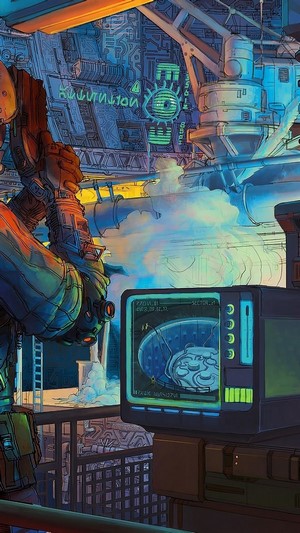 Cyberpunk scene with a monitor displaying a brain scan