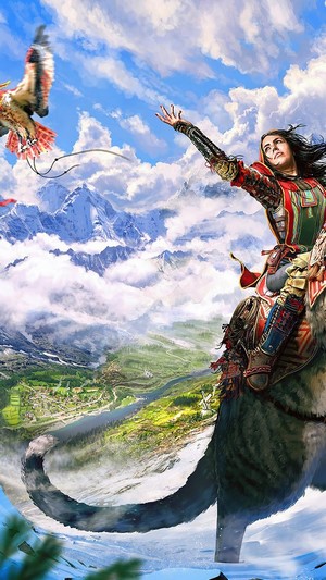 Fantasy hunter on a large cat with a bird