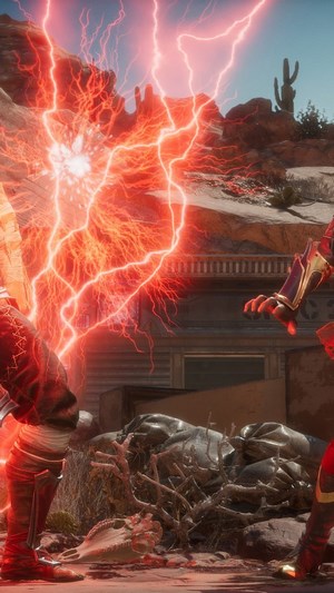 Raiden and Baraka fighting in Mortal Kombat 11