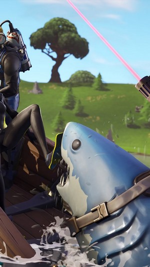 Fortnite characters in a boat with a shark and laser gun
