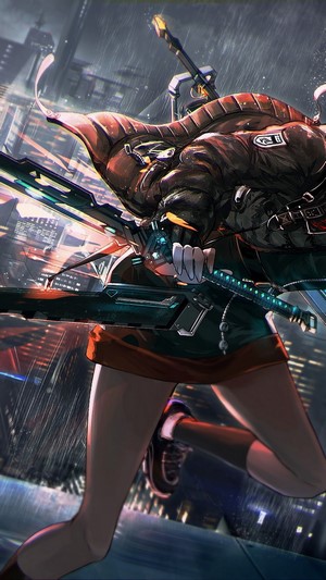 Anime Girl with Sci-Fi Katana in Rainy City