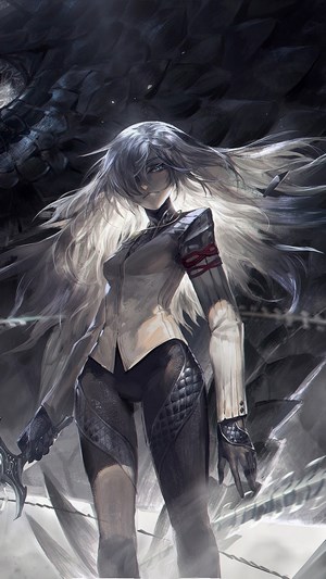 Anime girl with long white hair and sword