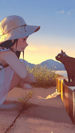 Anime girl with hat and cat by the water