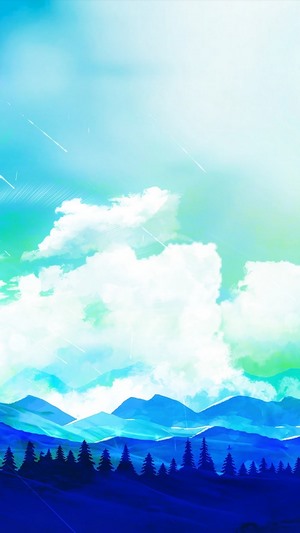 Minimalist landscape with mountains, forest, and clouds