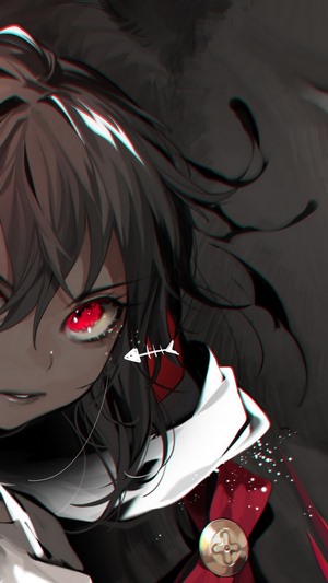 Anime girl with red eyes and fishbone earring