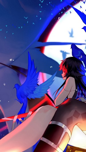 Anime girl with blue birds and moon