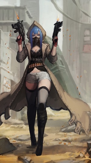 Anime girl with blue hair and guns in a post-apocalyptic setting