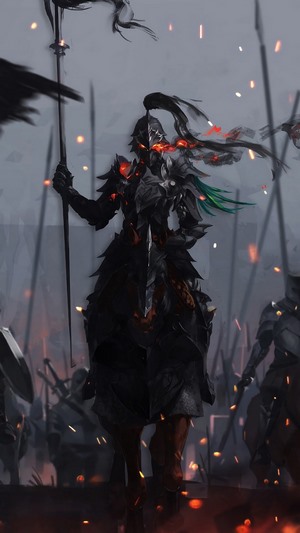 Fantasy knight in dark armor leading an army