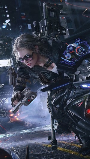 Sci-Fi Soldier Girl on Motorbike with Gun