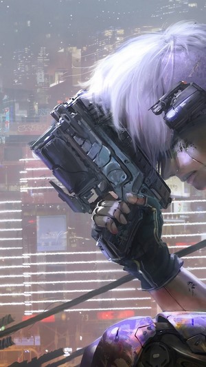 Cyberpunk soldier holding a gun in a futuristic city