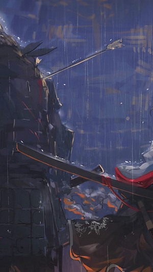 Samurai girl in the rain with an arrow
