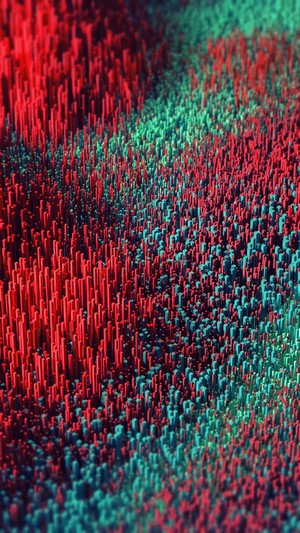 Abstract 3D render of red and teal pillars