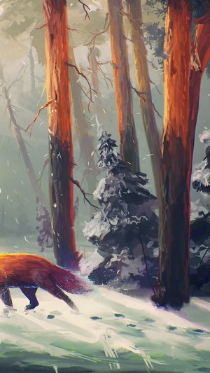 Fox walking through a snowy forest