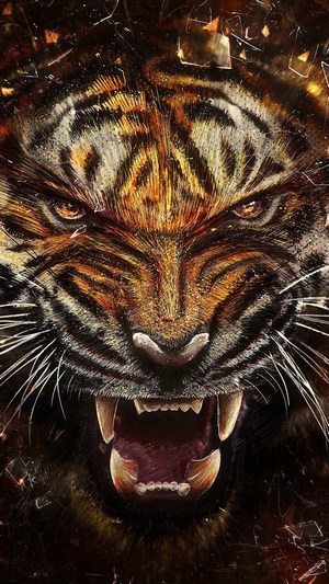 Close-up of a roaring tiger's face