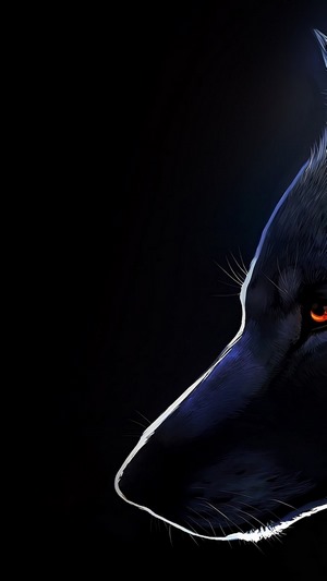 Art of a black wolf with glowing orange eyes