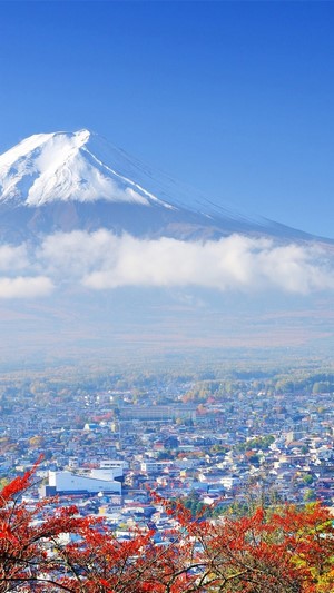 Mount Fuji overlooking a city with autumn foliage