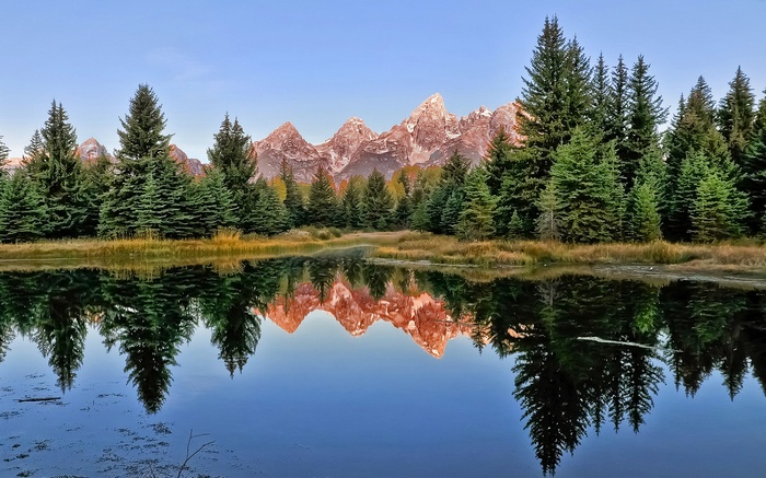 Reflection of mountains and trees in a lake