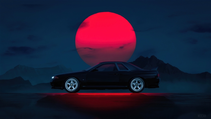 Black Sports Car Under a Red Moon