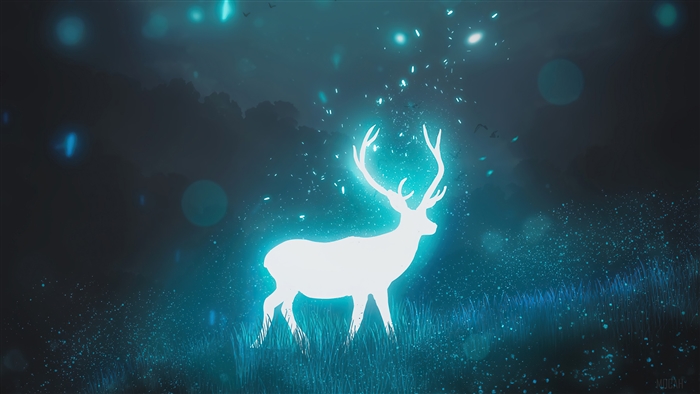 Glowing white deer in a dark, magical forest at night