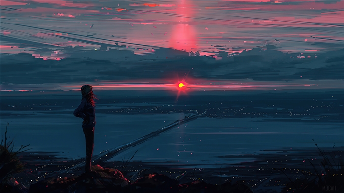 Alone Woman Watching Vibrant Sunset Over Cityscape