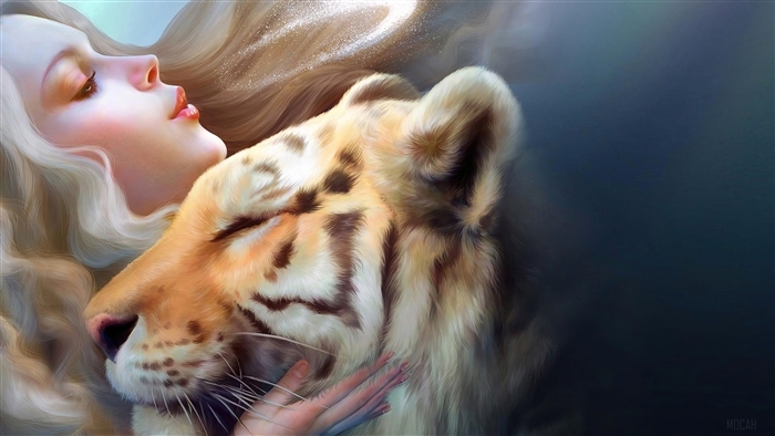 Serene Girl Embracing a Gentle Tiger in 4K Art