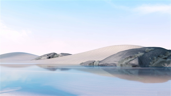 Desert landscape with sand dunes and water