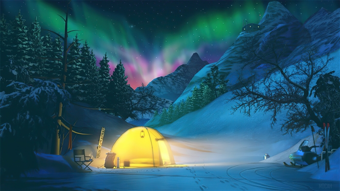 Winter Camping Under Aurora Borealis 4K