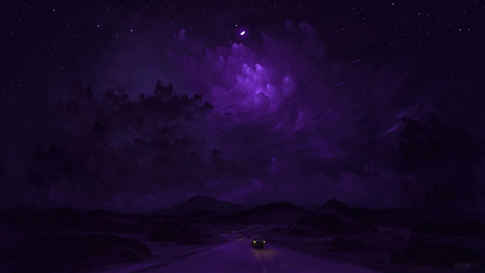 Night road with purple sky and stars