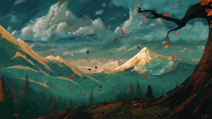 Digital Art Landscape with Mountains and Falling Leaves 4K