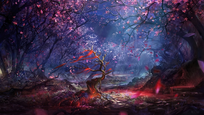 Fantasy forest with pink and purple trees