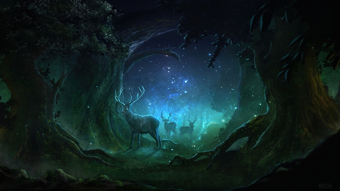 Mystical Night Forest with Glowing Deer