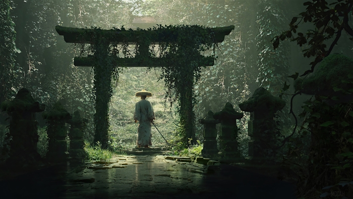 Samurai Standing Under Ivy-Covered Torii Gate 4k