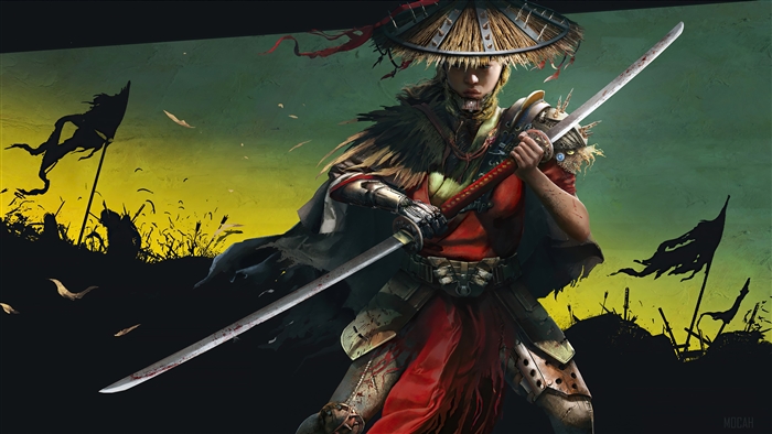 Samurai warrior girl with sword in a field