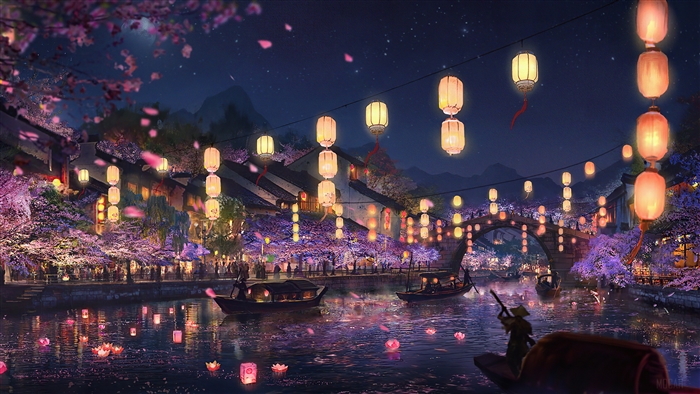 Night Festival Lanterns Over River 4K