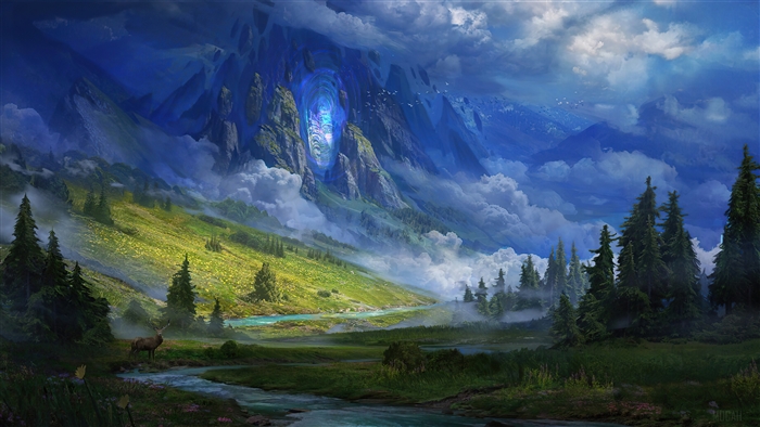 Mystical Mountain Landscape with Blue Portal